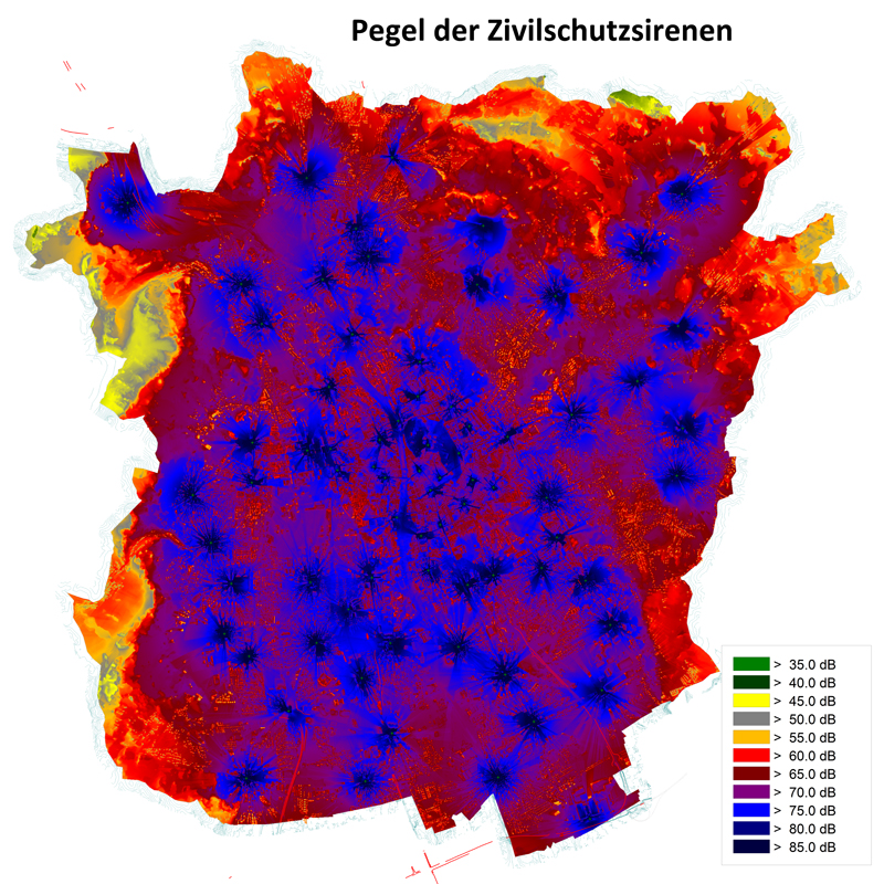 Schalltechnische Ausbreitung der Sirenensignale über das Stadtgebiet ohne Verkehrslärm, Quelle: Stadt Graz Umweltamt