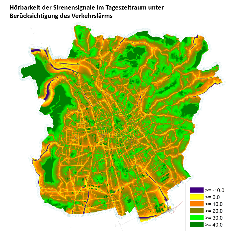 Hörbarkeit der Sirenensignale im Tageszeitraum unter Berücksichtigung des Verkehrslärms, Quelle: Stadt Graz Umweltamt